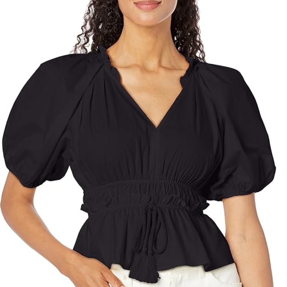 Moon River V Neck Bubble Sleeve Shirred Blouse